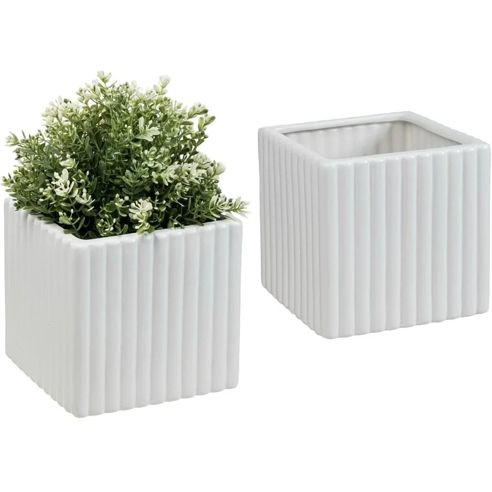 6.3 Inch Square Vintage White Ceramic Succulent Planter Pot with Vertical Ribbed